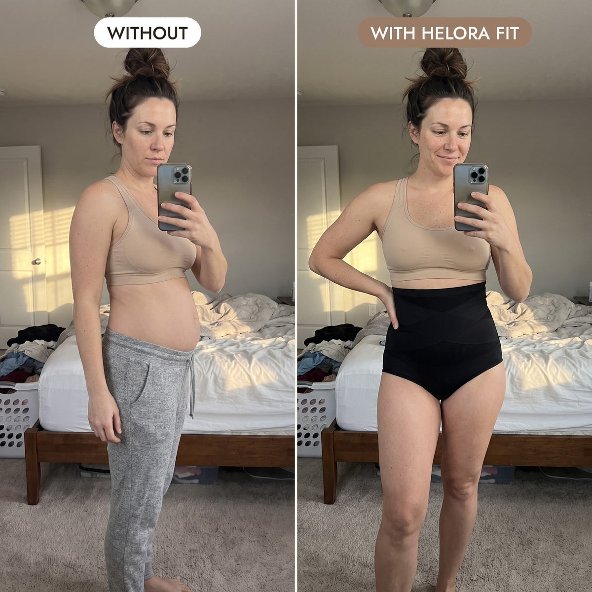 Without and with Helora Fit: mirror selfie in the bedroom