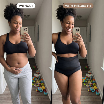 Without and with Helora Fit: mirror selfie in the hallway