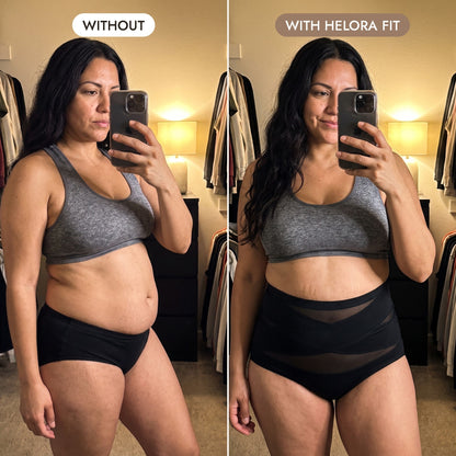 Without and with Helora Fit: mirror selfie in the closet