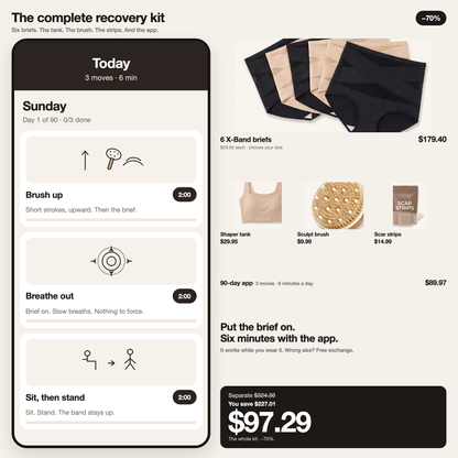 Complete Recovery Kit. The app, six briefs, the tank, the brush, the strips. $97.29.