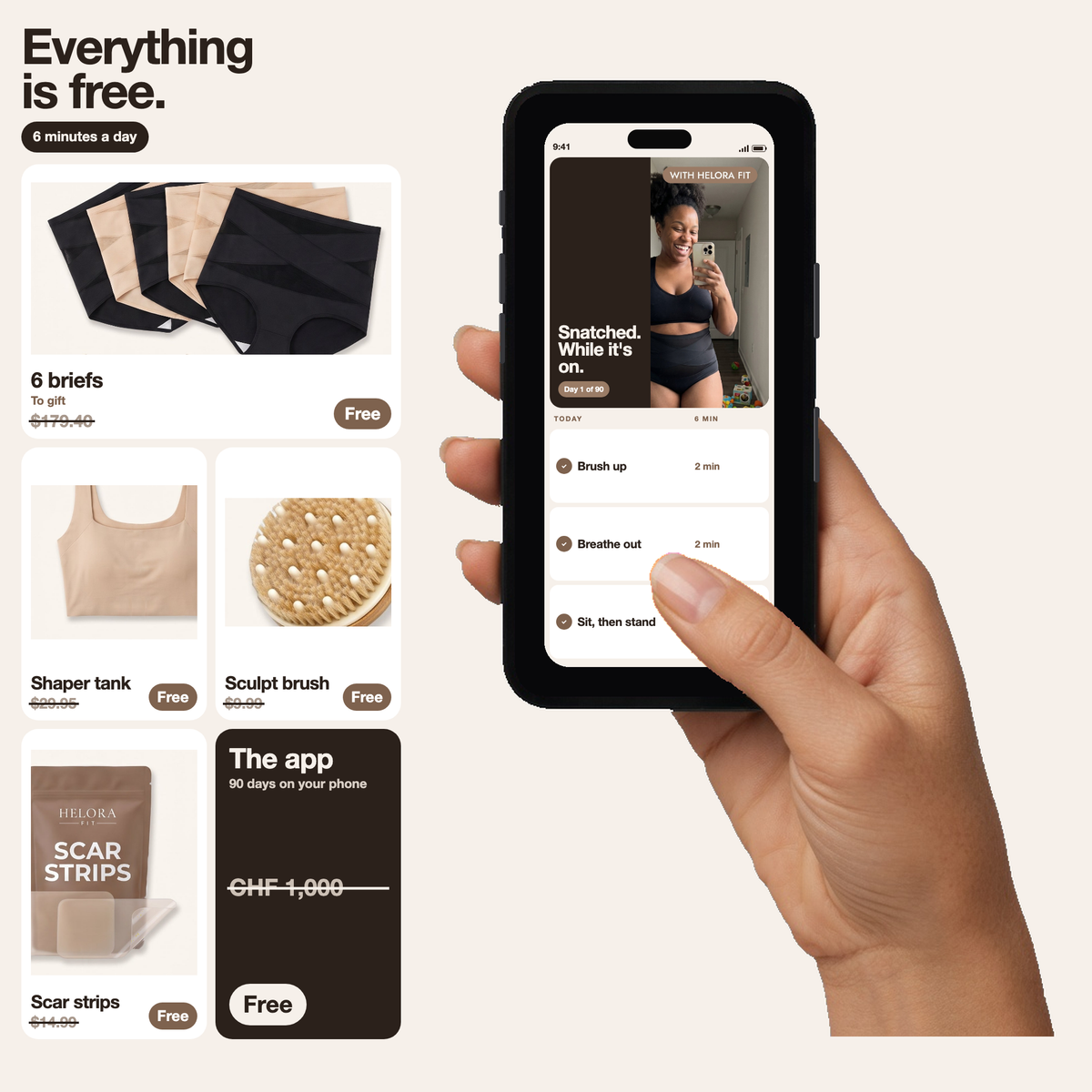 Everything is free. The Helora app, six minutes a day, with the brief on.