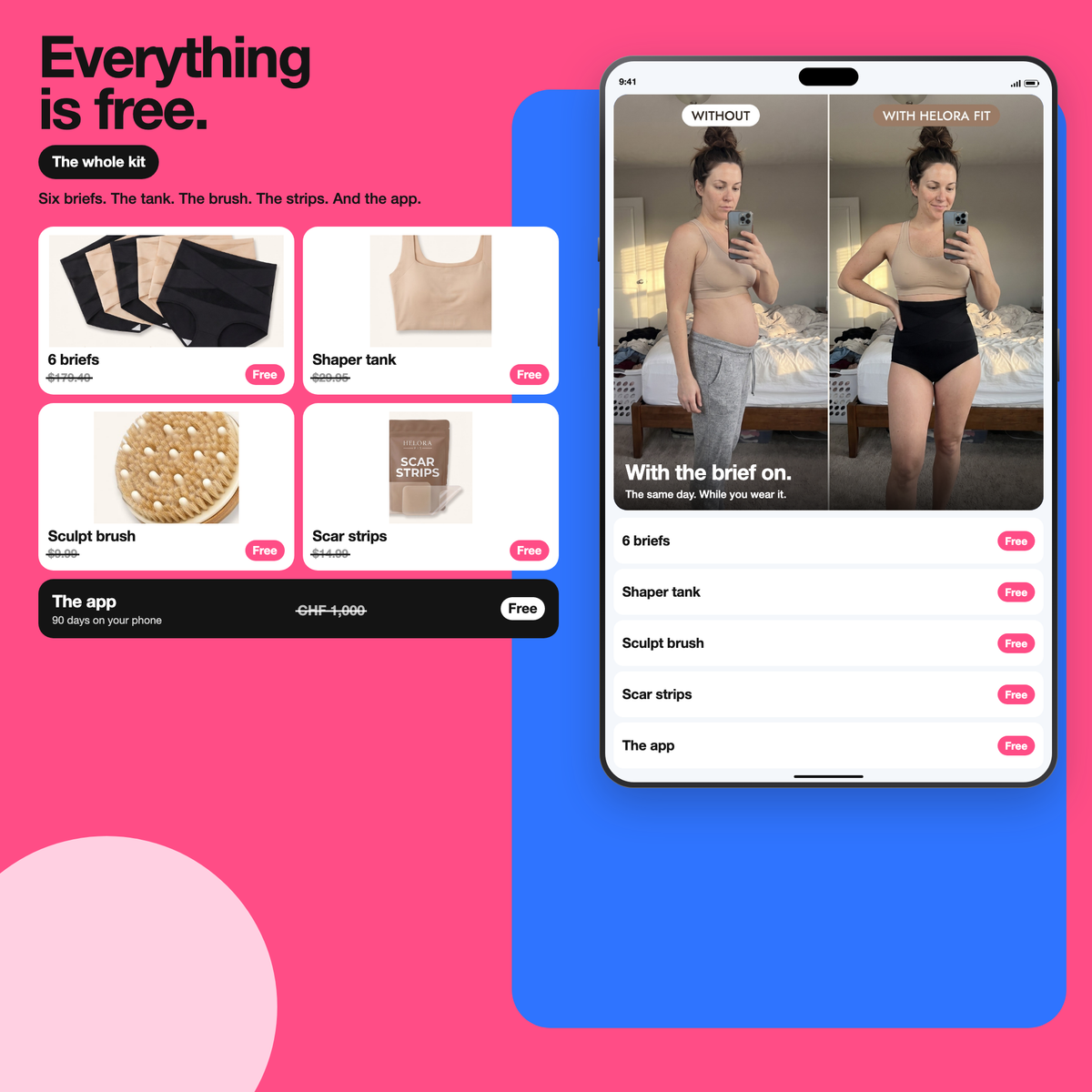 Everything in the Complete Recovery Kit is free. Briefs, tank, brush, strips, and the app.