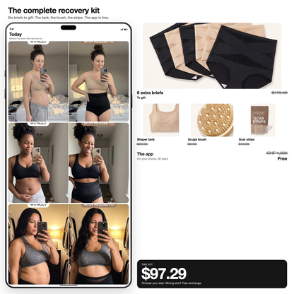 Complete Recovery Kit on white. Real before and after on the phone. Six briefs to gift. App free. $97.29.